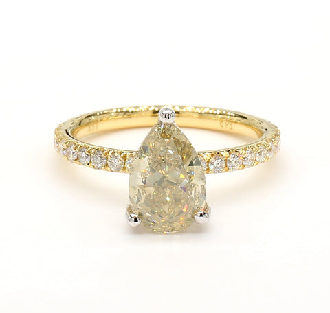 2.64CT Diamond Ring Petrol Color Natural Fancy Pear Cut 18K Yellow Gold GIA Cert