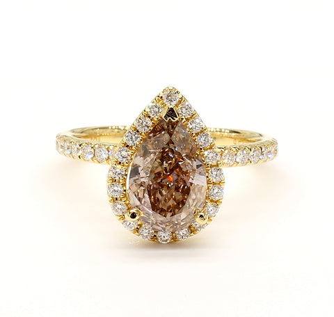 2CT Fancy Brown Diamond Ring Natural Pear Cut 18K Yellow Gold GIA Certified