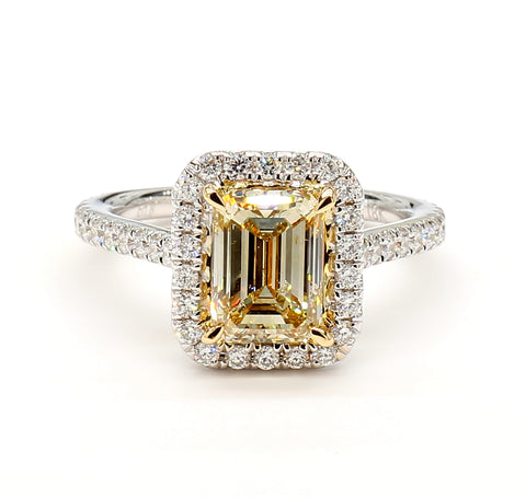 2CT Diamond Ring Fancy Emerald Cut Natural Yellow 18K White Gold GIA Certified