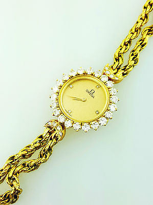 Vintage Luxury Omega Women's Swiss Diamond Watch 18K Yellow Gold 1.70 Carat